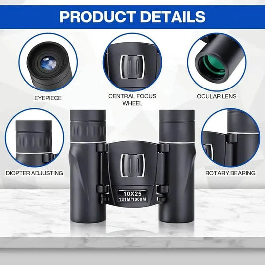 Mini Pocket Binoculars 10x25 | Compact Binoculars with Phone Adapter