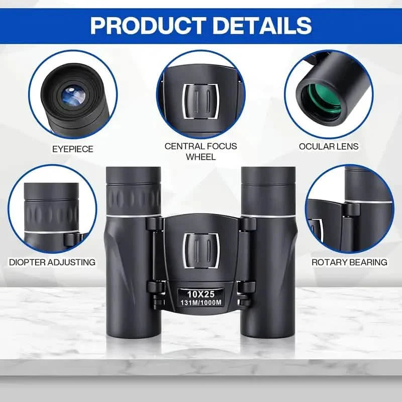 Mini Pocket Binoculars 10x25 | Compact Binoculars with Phone Adapter