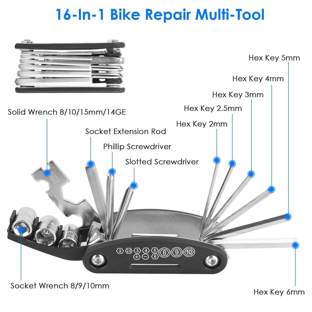16-in-1 Bike Tire Repair Kit | Portable Cycling Emergency Tool Set