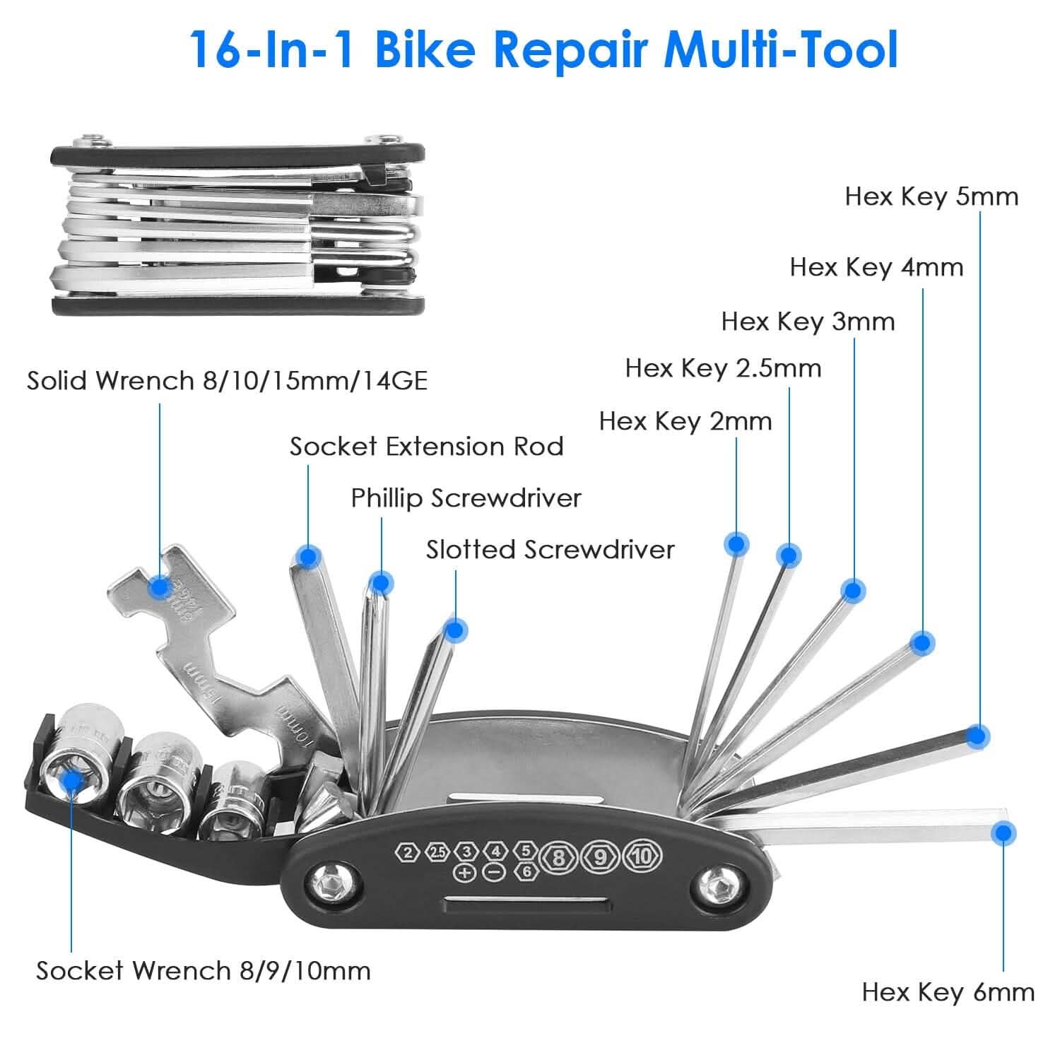 16-in-1 Bike Tire Repair Kit | Portable Cycling Emergency Tool Set