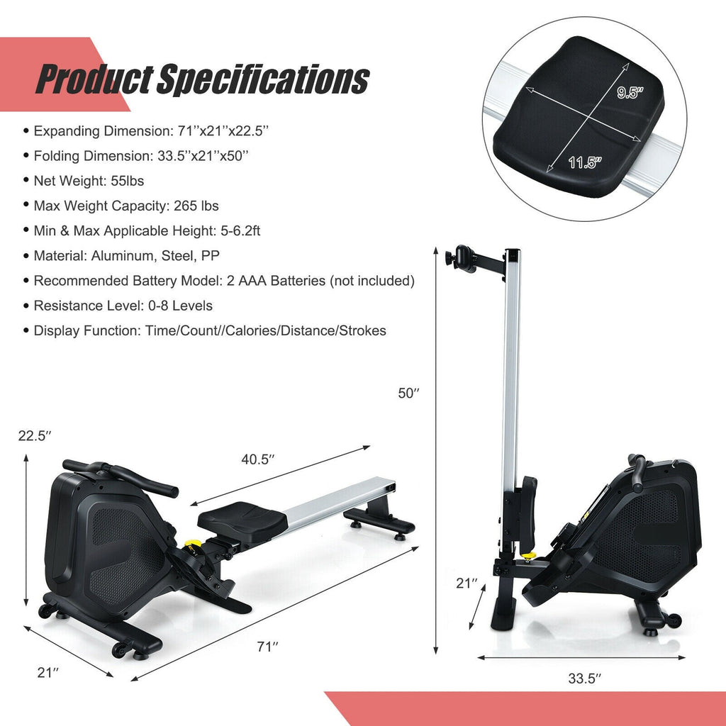 Folding Magnetic Rowing Machine | 8-Level Resistance with Monitor & Aluminum Rail