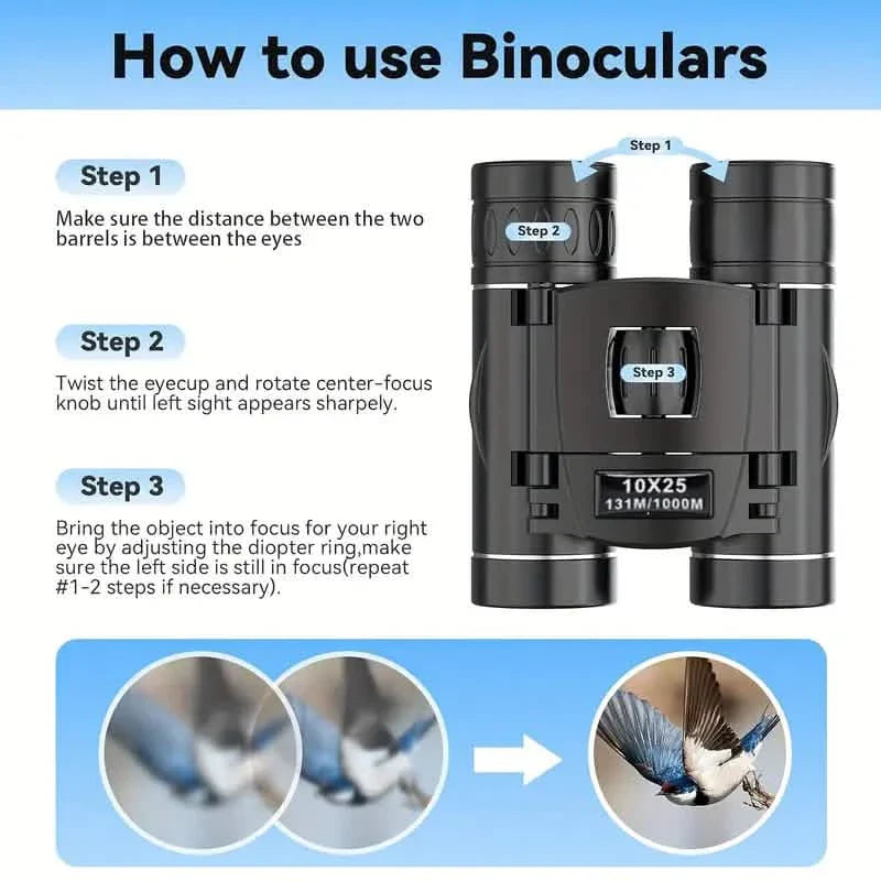 Mini Pocket Binoculars 10x25 | Compact Binoculars with Phone Adapter